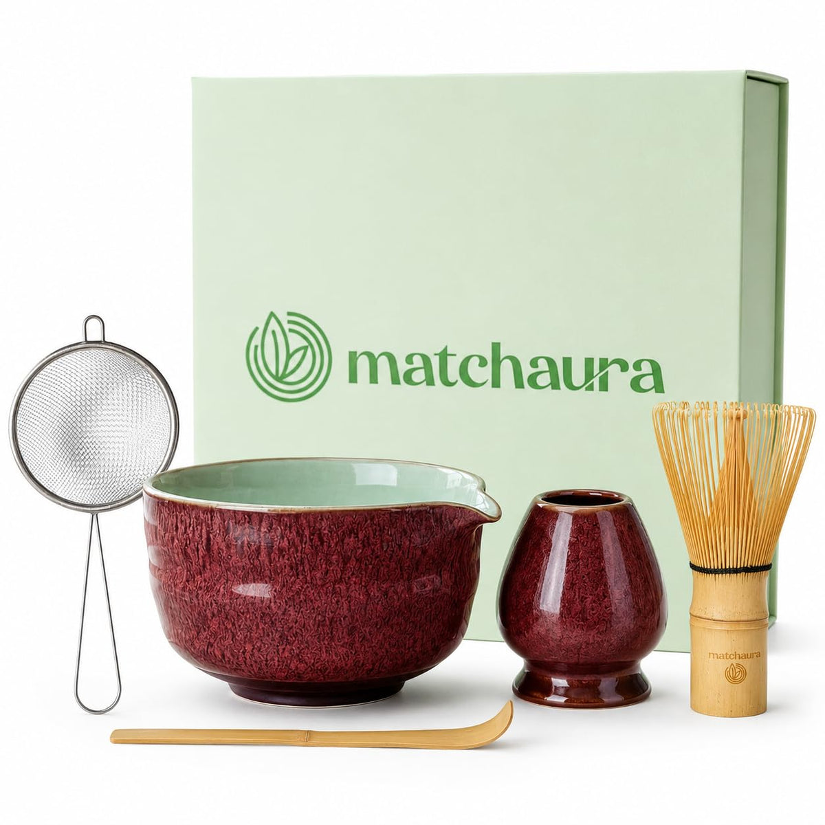 MATCHAURA Premium Matcha Whisk Set with Spouted Ceramic Bowl – 5-Piece Matcha Kit with Bamboo Whisk, Holder, Sifter & Scoop –