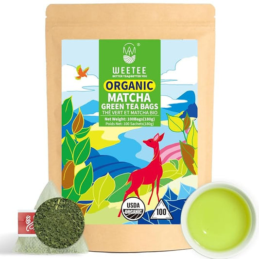 WT WEETEE Organic Matcha Green Tea Bags, Organic Japanese Matcha + Sencha Green Tea Blend 100 Pyramid Sachets, Easy & Quick to Brew for Cold or Hot
