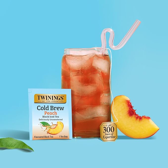 Twinings Cold Brew Peach Black Iced Tea Bags, 20 Count (Pack of 4), Deliciously Unsweetened Flavoured Black Tea, Caffeinated, 80 Individually Wrapped Tea Bags