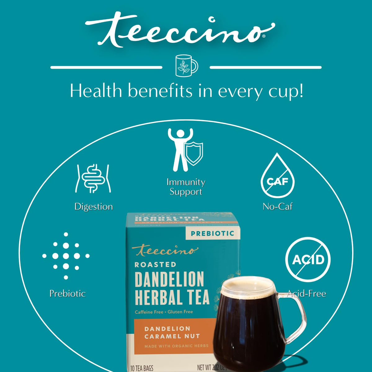 Teeccino Dandelion Caramel Nut Tea - 10 Tea Bags - Caffeine Free, Roasted Herbal Tea with Prebiotics, 3x More Herbs than Regular Tea Bags, Gluten Free