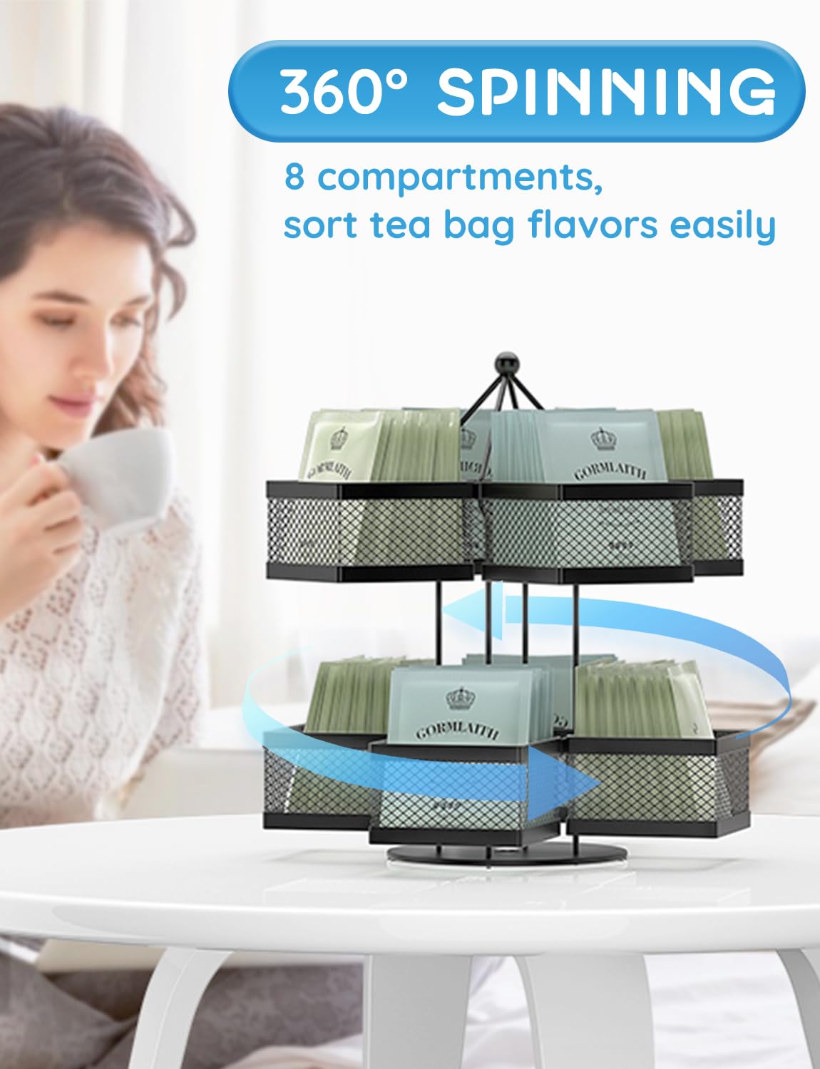 VOGWOLTH Tea Bag Organizer, Tea Bag Storage Holder Spinning Carousel 96 Teabags Container, Lazy Susan Coffee Creamer