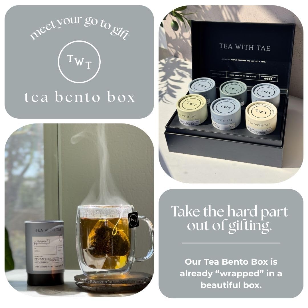 Tea Bento Box® by Tea with Tae - Luxury Tea Gift Box for all occasions - 6 Premium Blends, 30 Biodegradable, Plant-Based Pyramid Bags (90 Cups) - Eco-Friendly Gift