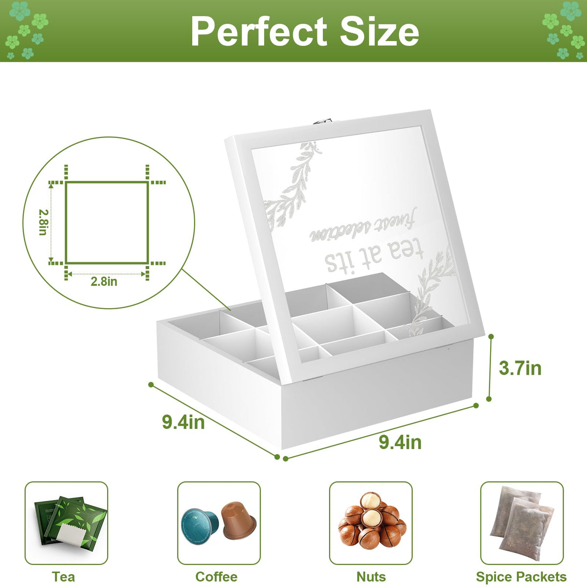 handrong Tea Box Organizer,Wooden Tea Storage,Tea Bag Holder with Glass Lid