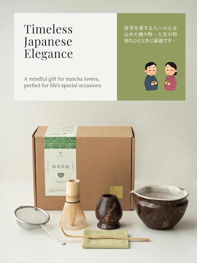 6-pcs Japanese Matcha Whisk Set with Handmade Wabi-Sabi Ceramic Bowl(Chawan),Bamboo Chasen, Whisk Holder, Scoop, Sifter & Tea Towel