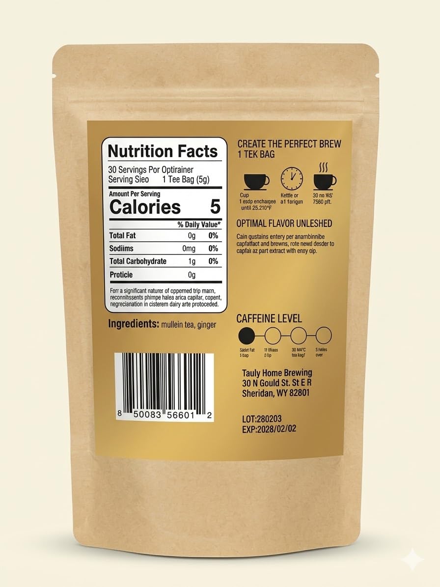 Mullein Tea with Ginger – 40 Tea Bags (2.82 oz) – Herbal Tea Blend for Lung & Respiratory Support – Caffeine-Free Natural Detox & Soothing Tea – Smooth Earthy Flavor