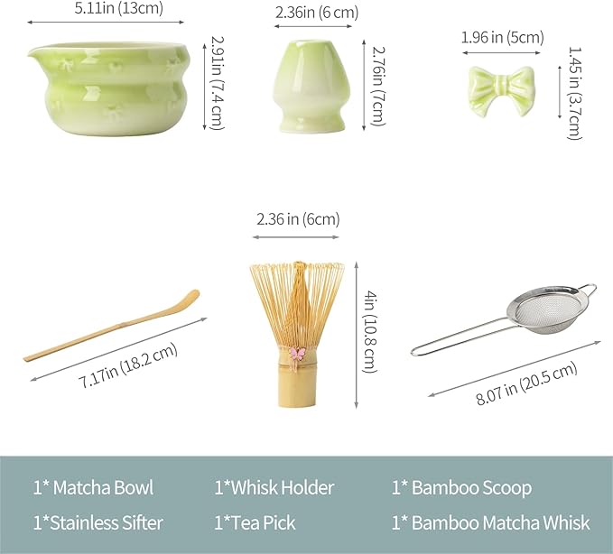 Matcha Kit 7-Pcs matcha whisk set, Measuring Spoon, Japanese Tea Making Tools,Cha, tea bowl, pink matcha set (light green)