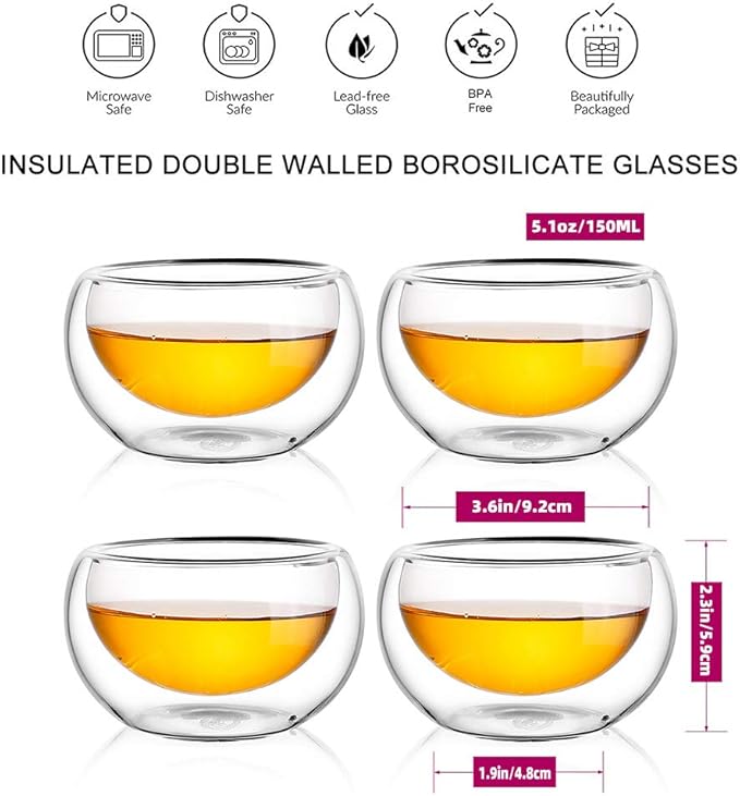 Cnglass Glass Teapot Set,20oz Clear Tea Pot with 4 Double Wall Teacups,Stovetop Safe Tea Kettle,Blooming Loose Leaf Tea Maker Gift
