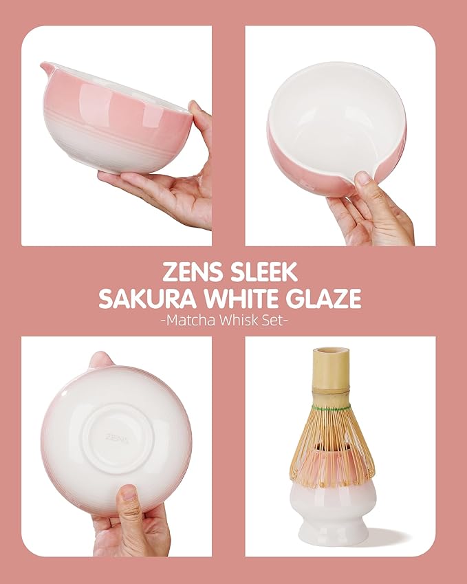 ZENS Pink Matcha Set, 6pcs Matcha Kit Includes Ceramic Bowl, Handcrafted Bamboo Whisk and Chasen Holder, Scoop, 304 Sifter & Tea Mat, Matcha Whisk Set Gift for Matcha Lovers