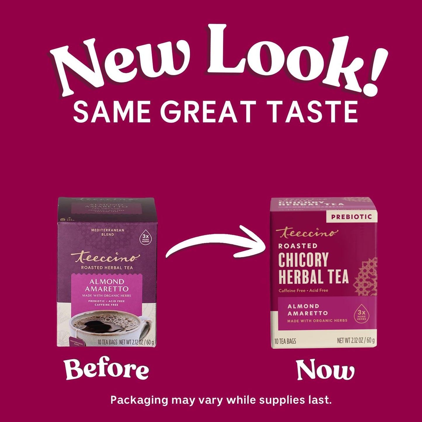 Teeccino Herbal Tea - Almond Amaretto - Rich &amp; Roasted Herbal Tea That's Caffeine Free &amp; Prebiotic for Natural Energy, 10 Tea Bags