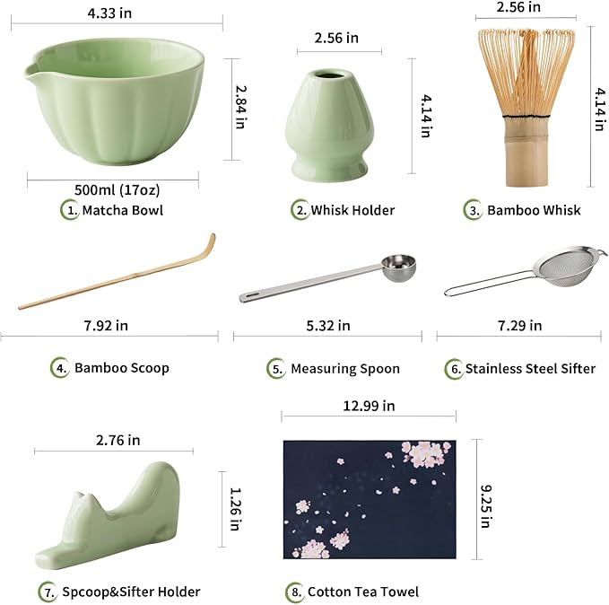 Matcha Whisk Set of 8 - Htrcxb Ceramic Matcha Set, Include Matcha Bowl, Matcha Whisk and Holder, Bamboo Scoop, Measuring Spoon, Scoop Rest