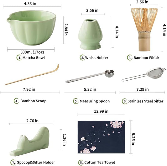 Matcha Whisk Set of 8 - Htrcxb Ceramic Matcha Set, Include Matcha Bowl, Matcha Whisk and Holder, Bamboo Scoop, Measuring Spoon, Scoop Rest