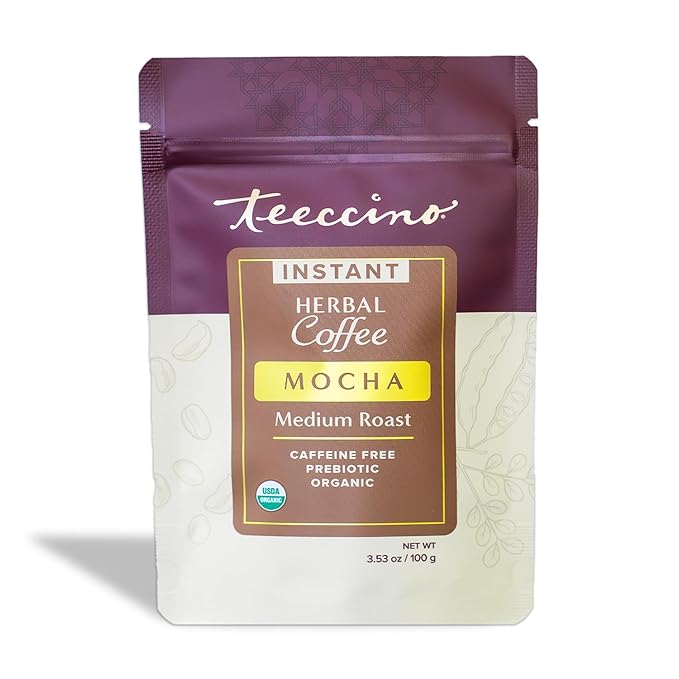 Teeccino Instant Organic Mocha Herbal Coffee– 33 servings – Instant Chicory Coffee Alternative with Lush Chocolate Slightly Sweetened by Dates That’s