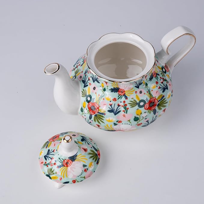 33.8 oz Porcelain Tea Pot Luxury Gold Trim Floral Ceramic Teapot Waterpot Tea Maker for Blooming Loose Leaf Tea Coffee Milk Chrismas Women Gift Housewarming Home Kitchen Décor (Mint)