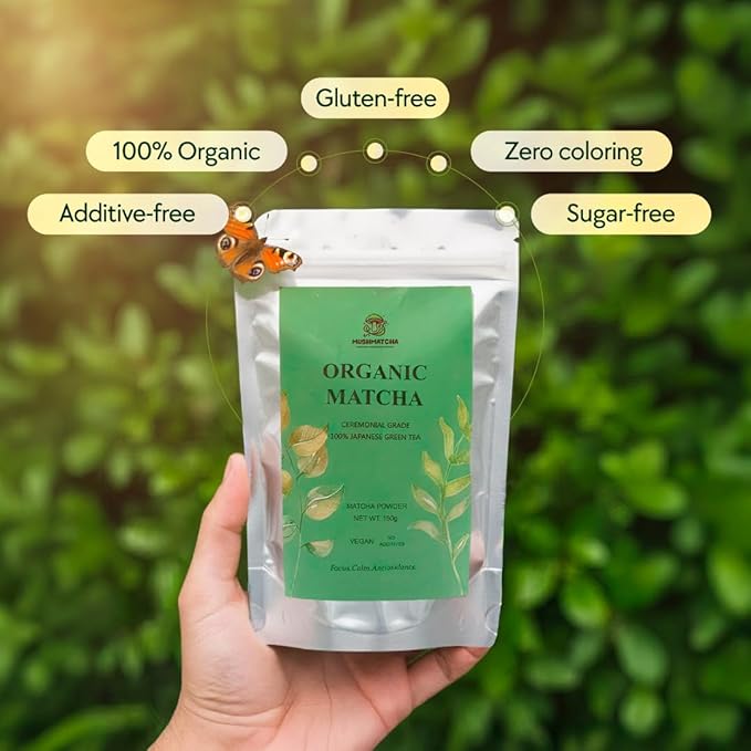 MushMatcha Organic Premium Matcha Grade 3A - Green Tea Powder Unsweetened for Lattes, Tea, and Smoothies, Smooth Taste and Natural Focus, 100% Pure Jade Leaf Blend Formula, 100g Resealable Pouch