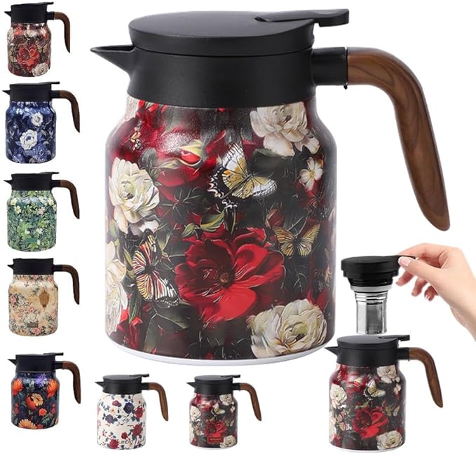Vintage Floral Pattern Tea Pots – Built-in Infuser,Vintage Floral Teapot with Built In Infuser Stainless Steel Thermal Carafe with Lid for Hot Drinks
