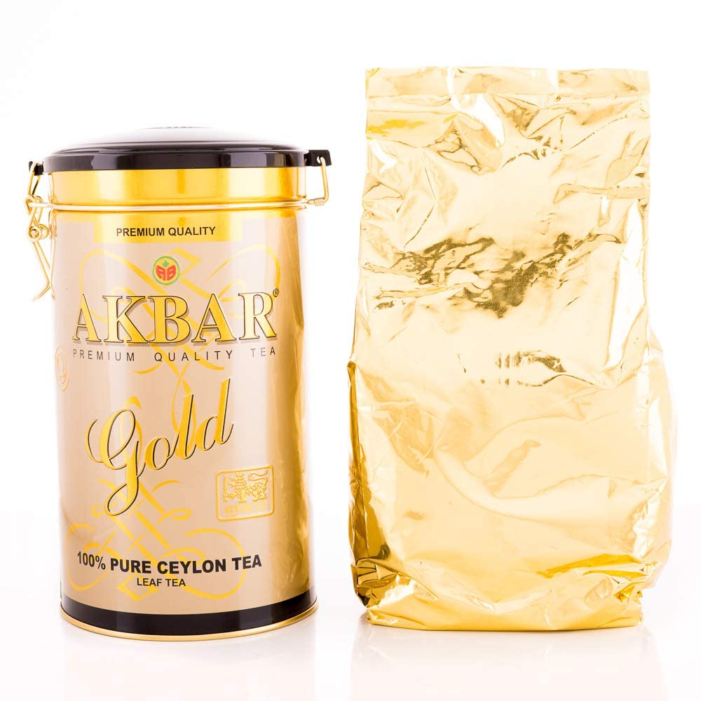 Akbar Gold – 100% Pure Ceylon Loose Leaf Black Tea, FBOP Grade, Premium Gold Tin 450g | Smooth Sri Lankan Blend | Flowery Broken Orange Pekoe
