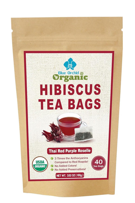 Organic Hibiscus Tea Bags 40 Count, Rare Variety Thai Red Purple Hibiscus Loose Flowers in Unbleached Sachets, Small Lot Eco-Farmed