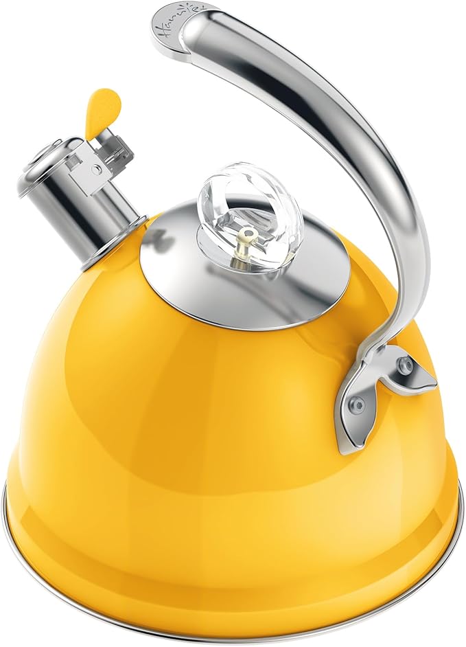 Harriet Tea Kettle Stovetop, 2.5 QT Whistling Stainless Steel Teapot, 3-Layer Base, Unique Ergonomic Handle, Includes Pot Holder & Mat