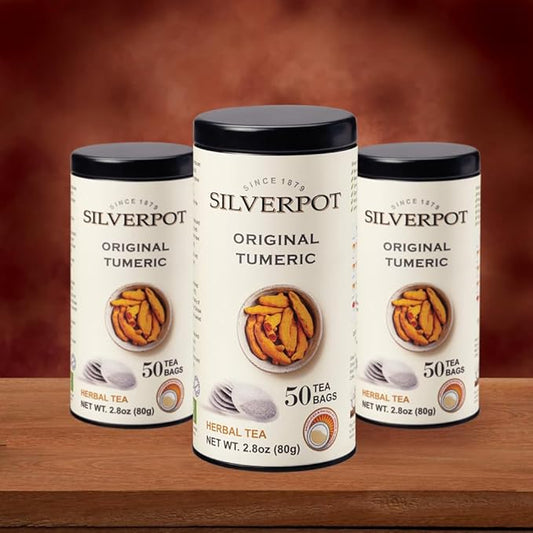Silverpot Original Turmeric - 50 Round Tea Bags, 100% Natural, No Additives, Caffeine Free, Herbal, Reusable Tin