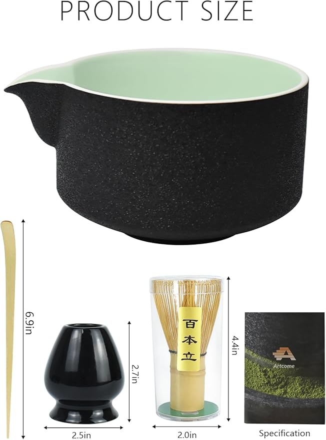 Artcome Premium Matcha Tool Set Black, Includes Matcha Bowl with Spout, Whisk, Holder, Scoop & Manual