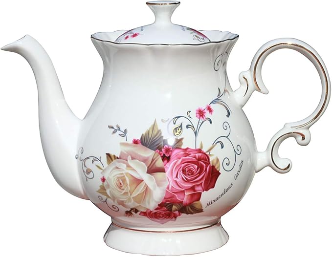 Jomop European Style Ceramic Flower Teapot Coffee Pot Water Pot Porcelain Gift Large 5.5 Cups (1, Ro
