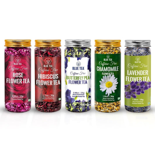 BLUE TEA - Flower Tea Combo - 5.64 Oz (Pack of 5) | Butterfly Pea, Rose, Hibiscus, Chamomile, Lavender | VARIETY PACK