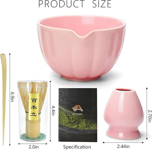 Artcome 4 Pcs Japanese Matcha Tea Set - Matcha Bowl with Pouring Spout, Matcha Whisk, Tea Scoop, Whisk Holder, Handmade Matcha Ceremony Kit For Japanese Tea Ceremony, Rose