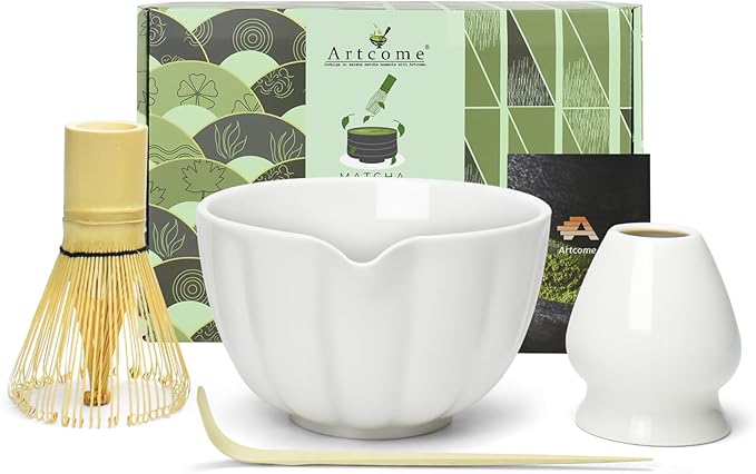 Artcome 4 Pcs Japanese Matcha Tea Set - Matcha Bowl with Pouring Spout, Matcha Whisk, Tea Scoop, Whisk Holder