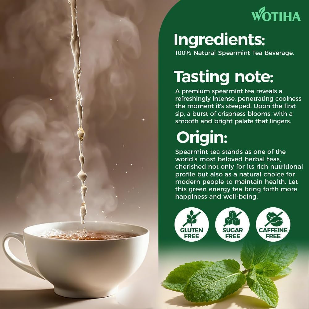 WOTIHA 80 Count Premium Spearmint Tea Bags - 100% Pure Natural Spearmint Leaves, High in Antioxidants, Supports Digestion, Caffeine-Free, Additive-Free, Sugar-Free, Vegan Non-GMO.