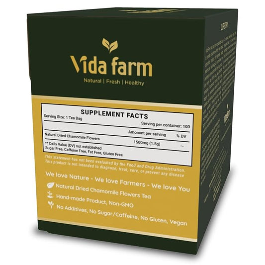 Vida Farm 100 Chamomile Tea Bags, Natural Chamomile Flowers Tea Bags, Dried Herbal Flowers, Sugar Free, Caffeine Free, Gluten Free