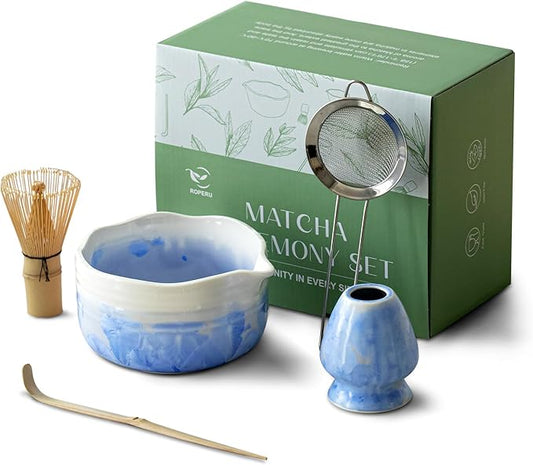 Pottery Matcha Set - Japanese Handcrafted Matcha Tea Bowl Mineral Glaze Bowl with Spout, Bamboo Whisk, Scoop & Chasen Holder | 5pc Tea Ceremony Kit for Matcha Lovers (Azure Erosion)