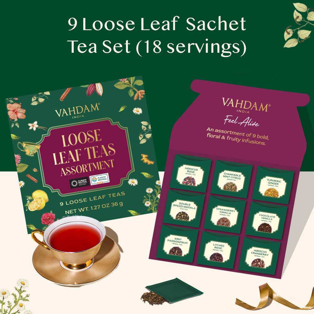 VAHDAM Top 9 Exotic Loose Leaf Tea Sampler (18+ cups) | Floral & Fruity Blends with Delicious Taste | Hot & Iced | Perfect for Gifting & Regular Consumption