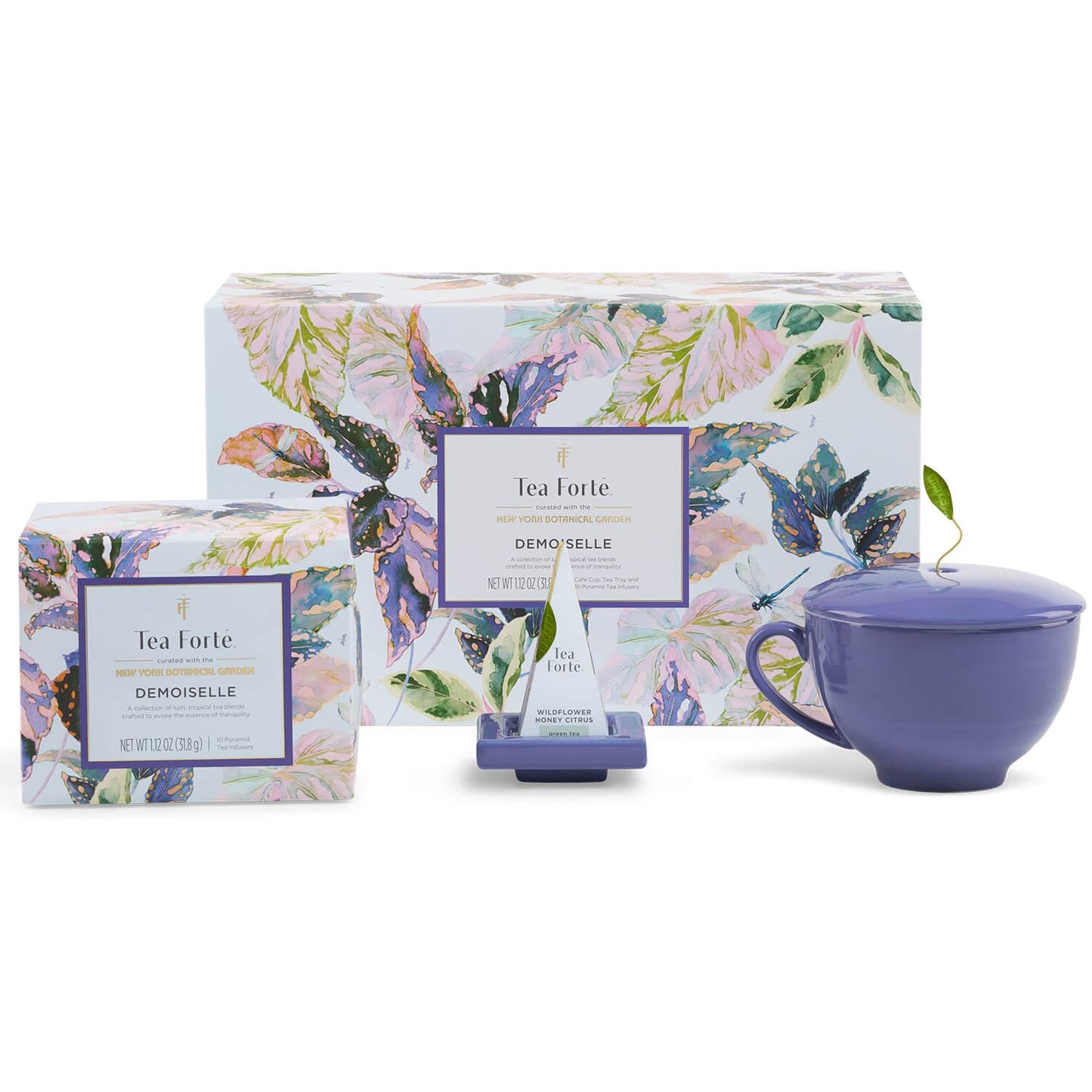 Tea Forte Café Cup Tea Gift Set, Demoiselle, 10 Pyramid Infusers | 8 oz Porcelain Tea Cup, Lid &amp; Tea Tray - 2 of Each Blend - Individually Wrapped - Giftable Presentation Box