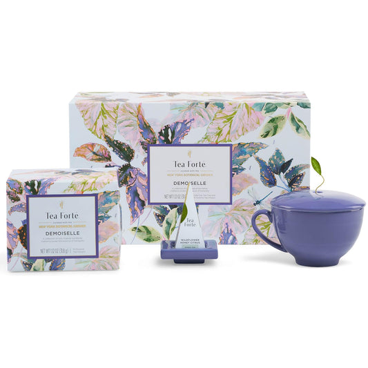 Tea Forte Café Cup Tea Gift Set, Demoiselle, 10 Pyramid Infusers | 8 oz Porcelain Tea Cup, Lid &amp; Tea Tray - 2 of Each Blend - Individually Wrapped - Giftable Presentation Box