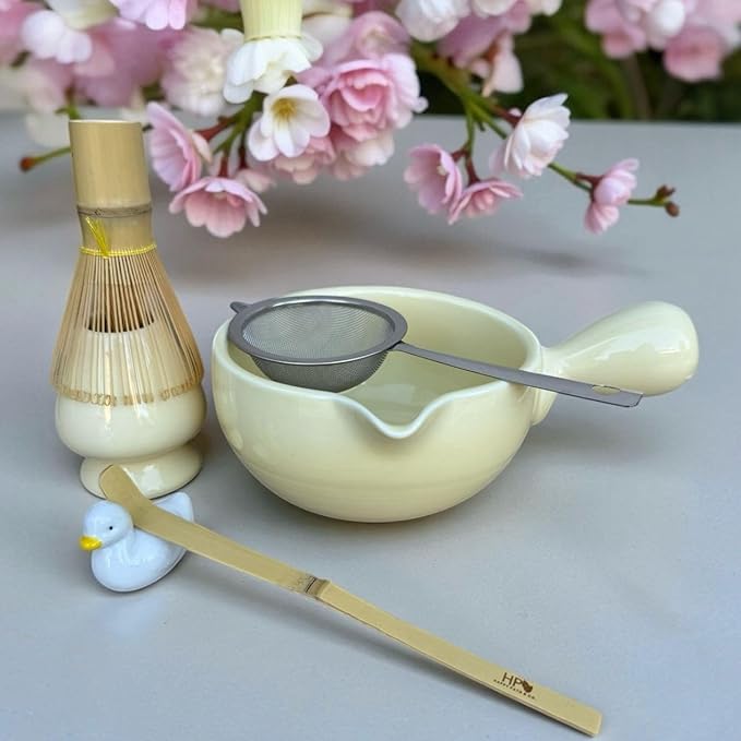 HAPPY PATH & CO Matcha Whisk Set – 6 Pcs Matcha Tea Set Includes Bamboo Whisk(Chasen) & Holder,Bowl with Spout,Sifter,Scoop & Stand | Matcha Making Kit - Perfect for Matcha Lovers(Sunny Duckling)