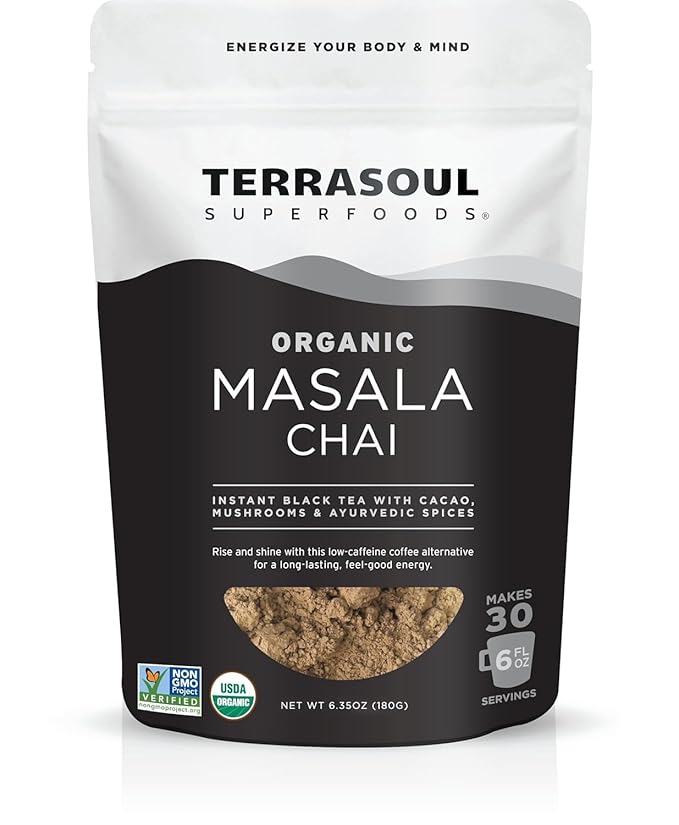 Terrasoul Superfoods Organic Instant Masala Chai, 6.35oz - 30 Servings | Mushroom Coffee Alternative | Energy, Focus, and Immunity Support