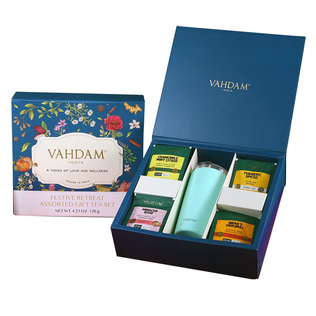 VAHDAM Assorted Tea Gift Set with Cruise Tumbler (4 Variety, 60 tea Bags), Ecofriendly Tea Bags, Tea Gifts for Women & Men