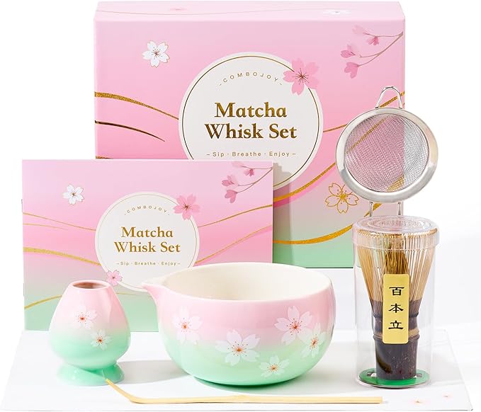 Matcha Whisk Set – Japanese Tea Ceremony Kit with Ceramic Bowl, Purple Bamboo Whisk (Chasen), Holder, Sifter & Scoop – Complete Matcha Kit