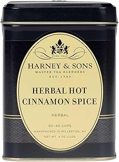 Harney & Sons Herbal Tea, Hot Cinnamon Spice, Caffeine-Free Rooibos, Sweet Spicy Cinnamon Clove Orange, 4 oz Loose Leaf Tin, Delicious Gourmet Herbal Tea Blend, Great Stocking Stuffer