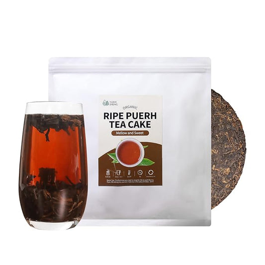 Organic Ripe Puerh tea Cake, 12.6 Oz USDA Certified Pu Erh, Yunnan Ancient Tree Pu-erh Black tea Fermented Traditional Craft, Woody Aroma, No Fishy