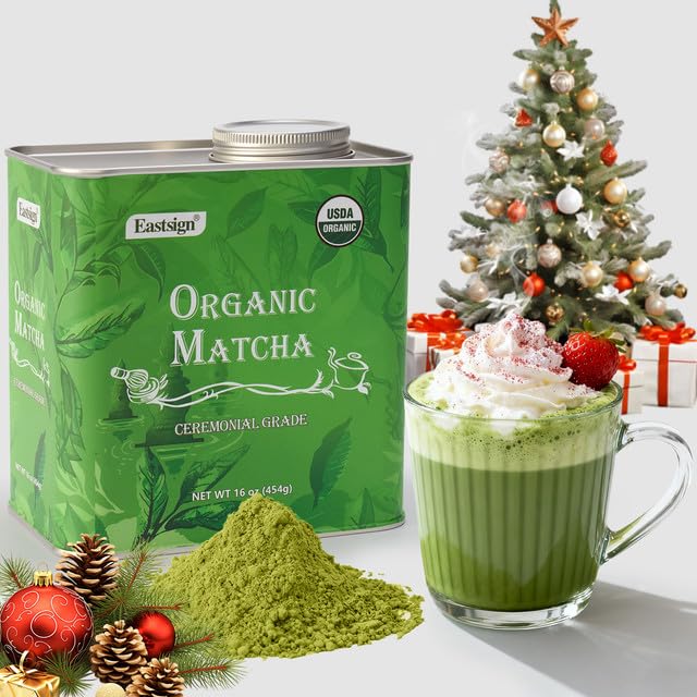 Eastign Ceremonial Matcha Powder Bulk Size (1lb/454g),Organic Ceremonial Grade Matcha,USDA Organic Matcha Tea Powder Latte,Perfect for Starbucks Latte, Shake, Smoothies & Baking& Gifts | Holiday Ready Tin