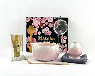 Matcha Whisk Set, Ceramic Matcha Set, Matcha Bowl with Spout and Whisk,8 pcs Matcha Tea Kit for Matcha Lovers, Ideal Gift Christmas, Birthday (Pink)