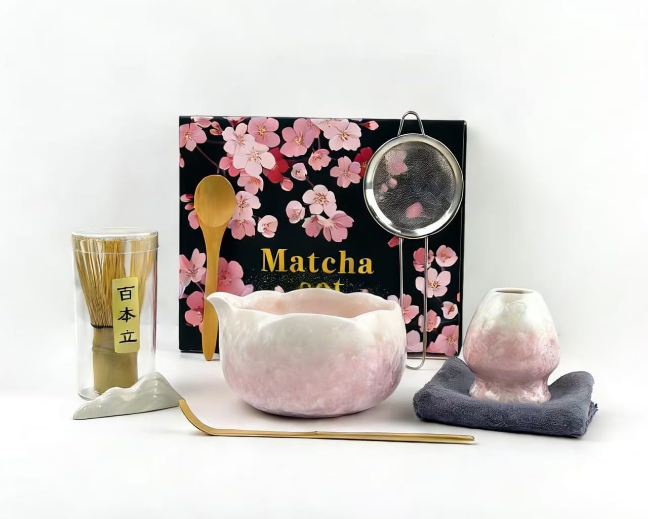 Matcha Whisk Set, Ceramic Matcha Set, Matcha Bowl with Spout and Whisk,8 pcs Matcha Tea Kit for Matcha Lovers, Ideal Gift Christmas, Birthday (Pink)