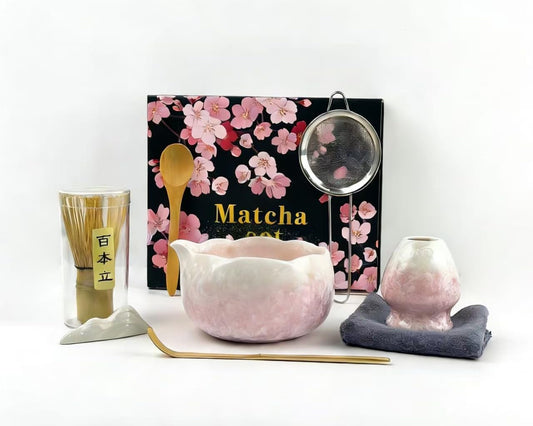 Matcha Whisk Set, Ceramic Matcha Set, Matcha Bowl with Spout and Whisk,8 pcs Matcha Tea Kit for Matcha Lovers, Ideal Gift Christmas, Birthday (Pink)