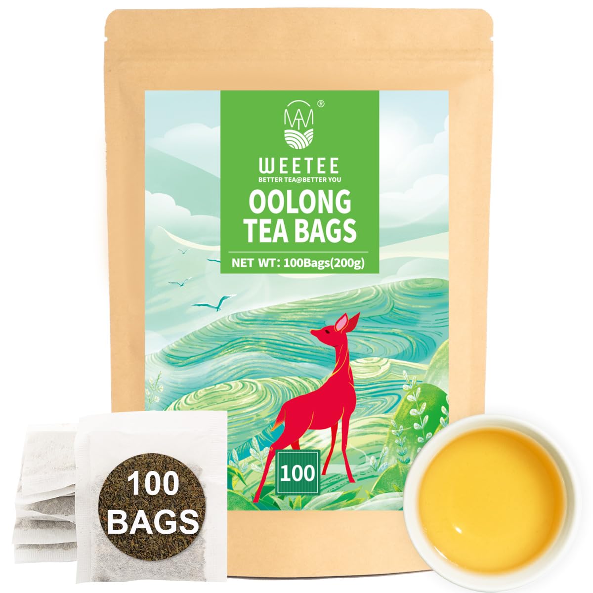 WT Weetee Oolong Tea Bags 100 Count, Floral & Slightly Fruity Chinese Oolong Tea, Super Antioxidant, Resealable Kraft Bag, Brew Hot or Iced