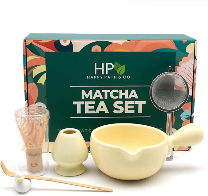 HAPPY PATH & CO Matcha Whisk Set – 6 Pcs Matcha Tea Set Includes Bamboo Whisk(Chasen) & Holder,Bowl with Spout,Sifter,Scoop & Stand | Matcha Making Kit - Perfect for Matcha Lovers(Sunny Duckling)