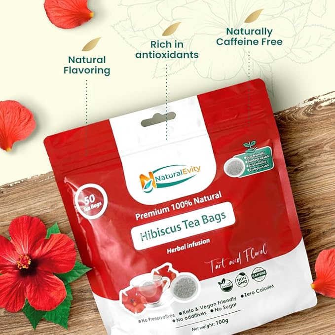 NaturalEvity Hibiscus Tea Bags (50 Count) – Flor de Jamaica Herbal Tea – Ayurveda Inspired, Naturally Antioxidant-Rich, Caffeine-Free & Non-GMO – Premium Sun-Dried Hibiscus Flowers, Eco-Conscious Packaging