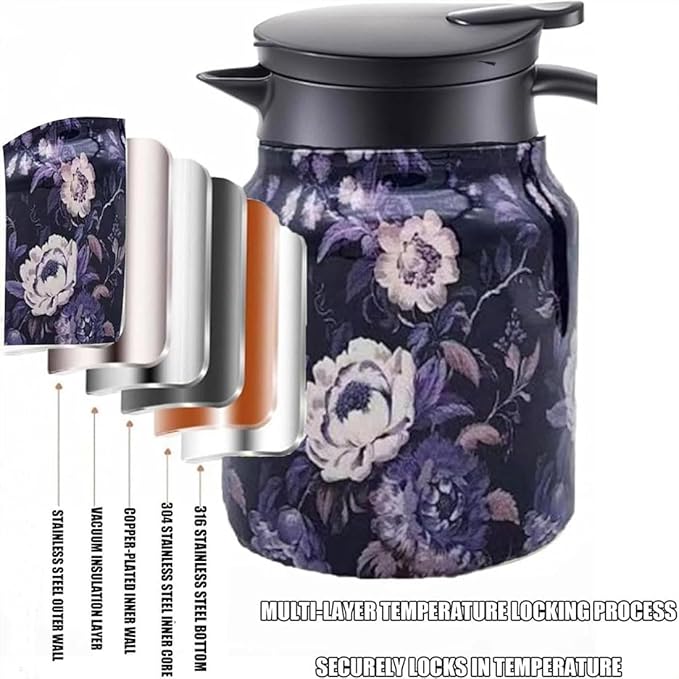 Vintage Floral Pattern Teapot – Built-In Infuser, 800ML/1000ML Heatproof Stainless Steel Teapot with Lid for Hot Drinks (Orange, 1000ml-Plastic handle)