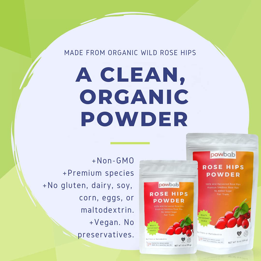 powbab Rose Hips Powder from 100% Wild Organic Rosehip. Premium Rosa Rubiginosa. Seedless Ground Rosehips from Whole Dried