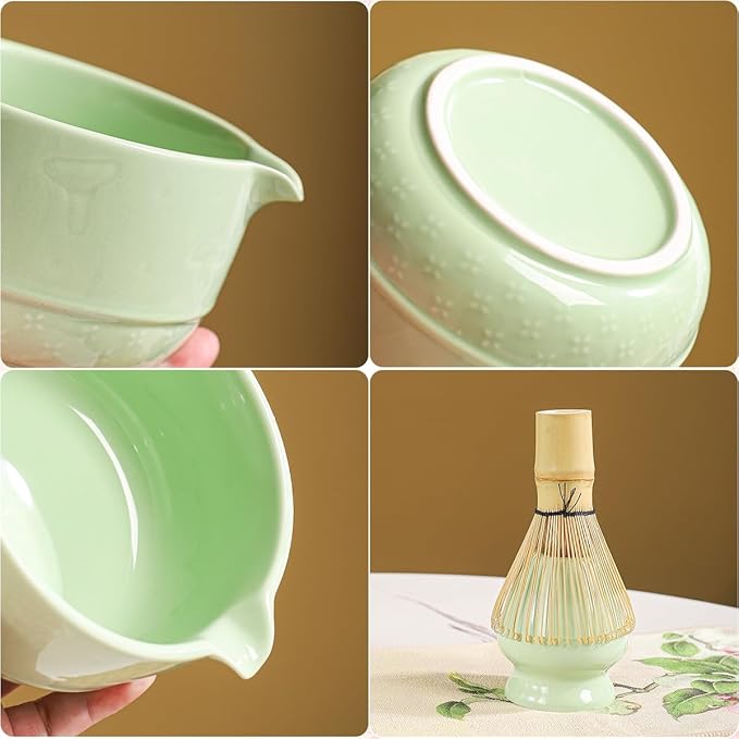 Matcha Set, 8-Piece Ceramic Matcha Bowl & Whisk Kit with Mushroom Pattern, Traditional Japanese Chawan, Bamboo Chasen, Scoop & Sifter, Gift for Tea Lovers, Zen Tea Ceremony Accessories (green)